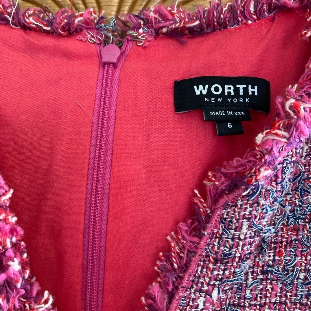 Worth NewYork Multicolored Pink Tweed Fully Lined Sheath Dress w/Fringe (Size 6) - Picture 6 of 11